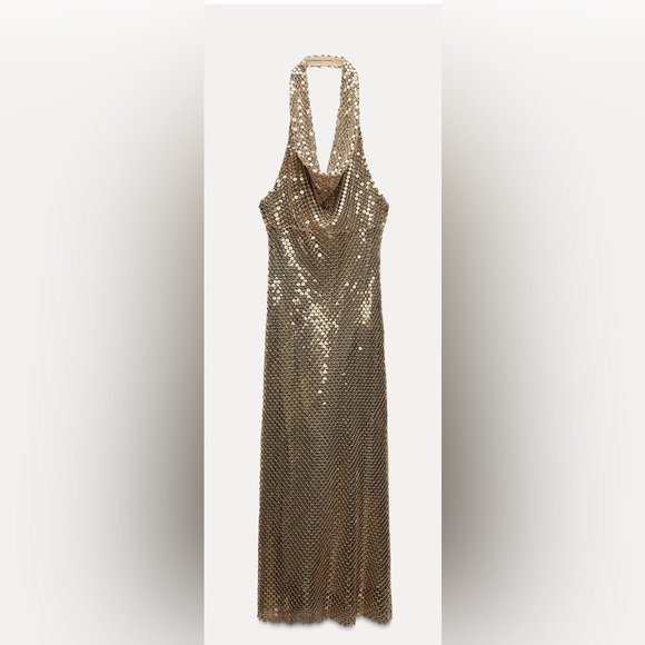 Zara Dresses & Skirts - Viral Zara Gold Sequin Halter Dress Small – Brand New with Tag